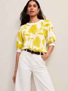 Ann Taylor Yellow Floral Jacquard Puff Sleeve Sweater Sample NWOT